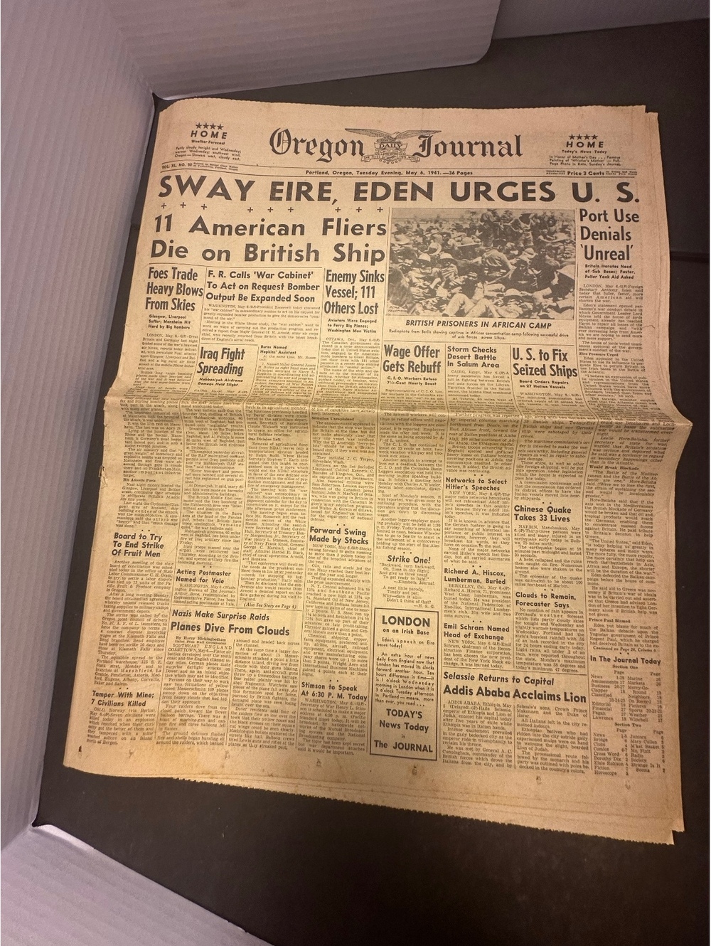 1941 Oregon Journal Newspaper WWII Sway Eire Eden Urges US May 6 Portland OR